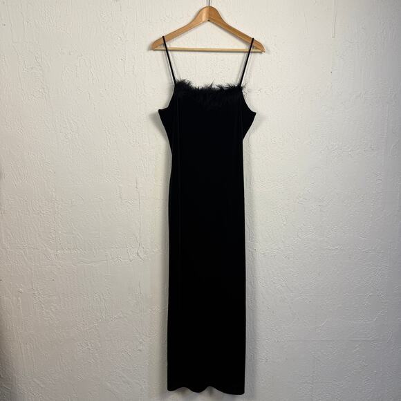 Vintage 90s Black Velvet Feather Trim Slip Dress Womens Large Y2K Coquette - Picture 1 of 5
